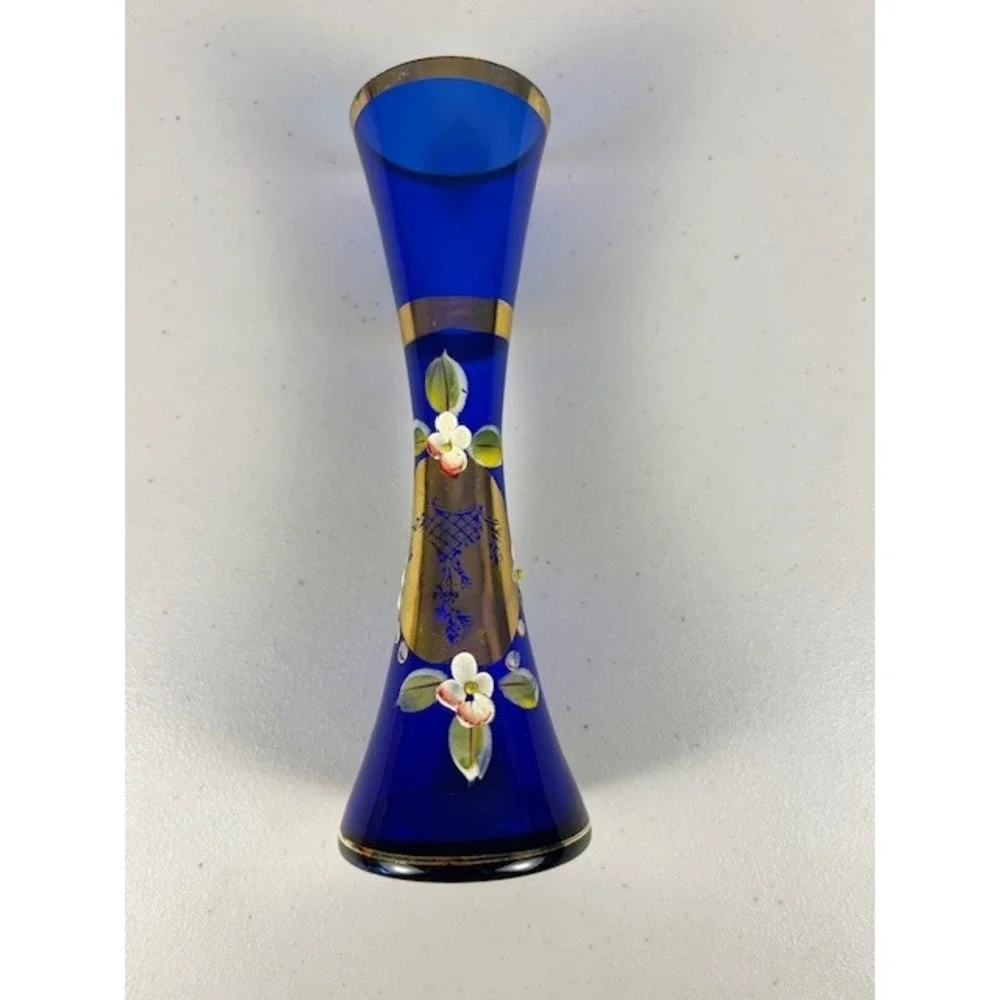 Vintage Cobalt Blue Bohemian Czech Hand Painted Bud Vase  Gold Trimmed ‎ Decor